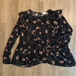 NWT LOFT Black Sunflower Print Ruffle Detail Relaxed Fit Blouse Top Size L